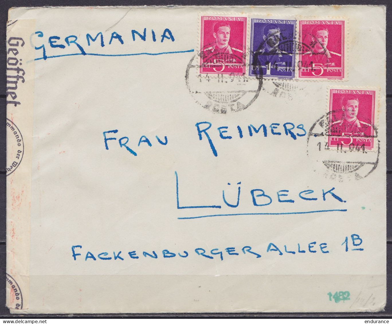 Roumanie - L. Affr. 16L Càpt BALAK /14 II.1941 Pour LÜBECK - Bande Et Cachet Censure Allemande - Storia Postale Seconda Guerra Mondiale