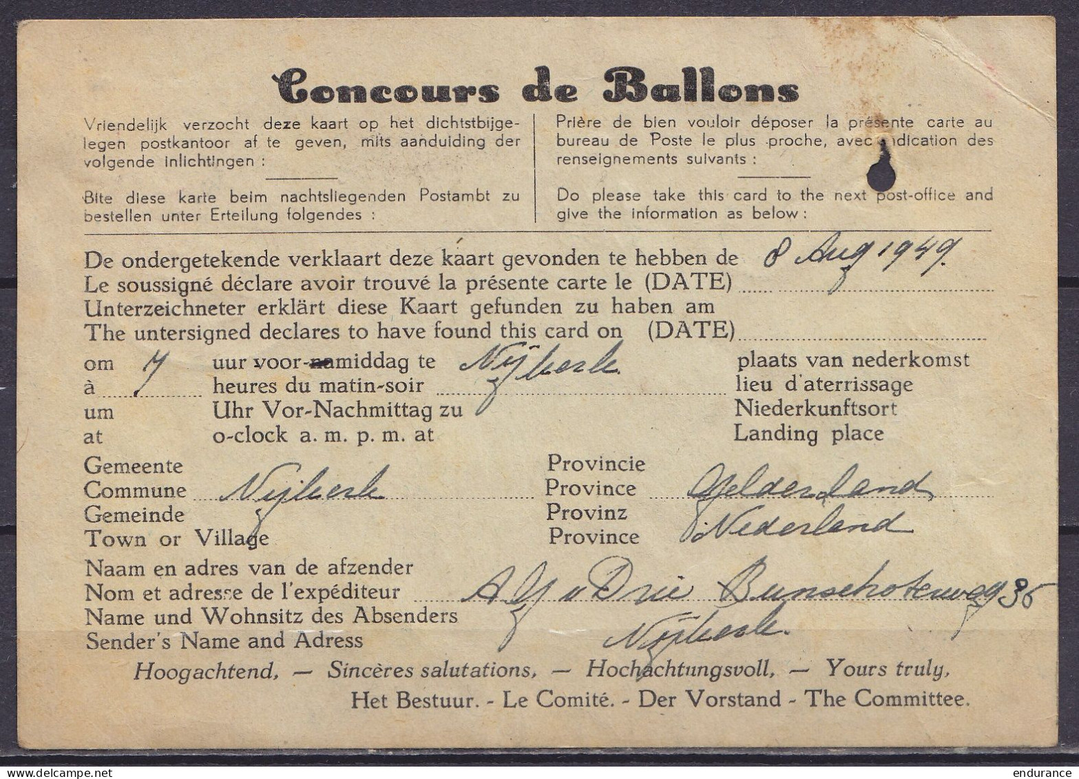 Pays-Bas - CP Postkaart "Concours De Ballons" Affr. 12c Càpt NIJKERK /-9 VIII 1949 Pour GENT Belgique - Brieven En Documenten