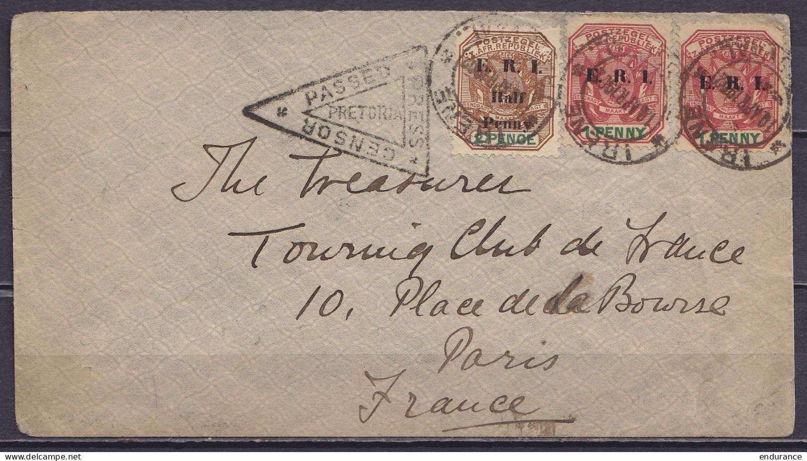 Afrique Du Sud (Transvaal) - L. Affr. 2½d Càd IRENE /10 APR 1902/ TRANSVAAL Pour Touring Club à PARIS - Cachet Censure P - Transvaal (1870-1909)