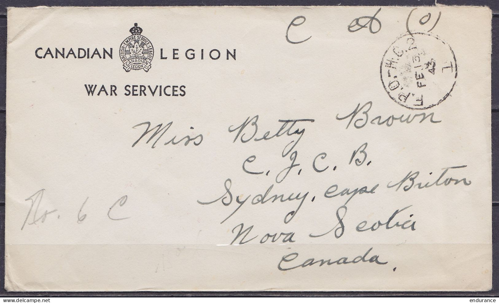 Canada - Env. "Canadian Legion /War Services" Franchise Militaire Càd "F.P.O.-H.C.2/ FE 13 1943" Pour SYDNEY Cape Briton - Postgeschichte