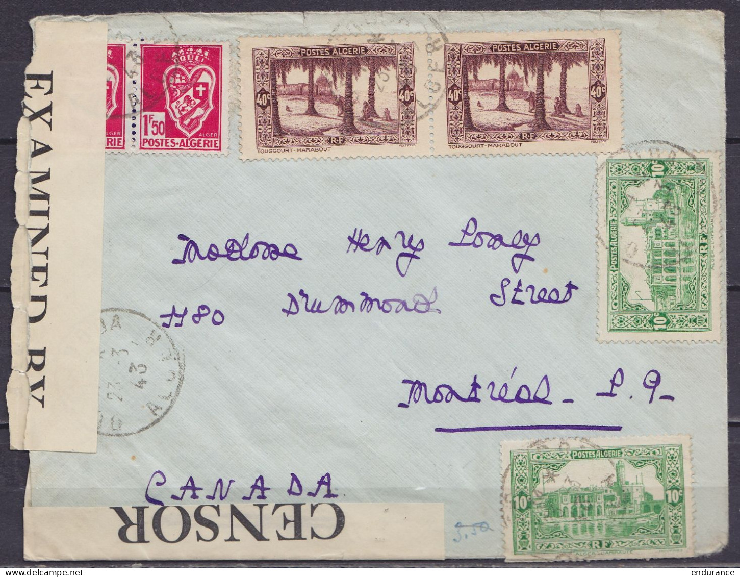 Algérie - L. Affr. 4f Càd ALGER /23-3-1943 Pour MONTREAL - Bande Censure Canadienne - Briefe U. Dokumente