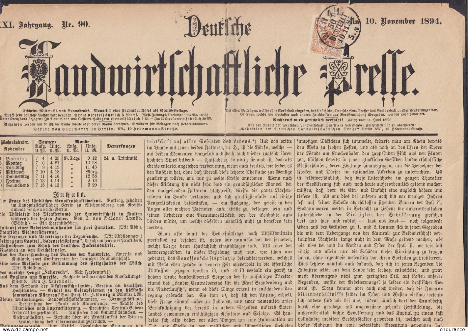 Autriche - Journal "Deutsche Landwirtschaftliche Presse" 10 Novembre 1894 Aff. 1kr Càd "WIEN 4/1 /50 BESTELLT /10.11.94" - Periódicos