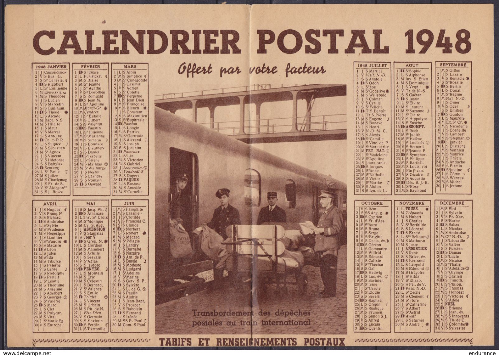 Belgique - Calendrier Postal 1948 Avec Tarifs Et Renseignements Postaux - Tariffe Postali