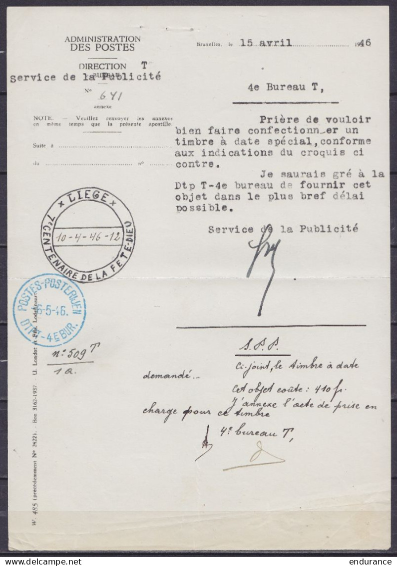 Note Interne Des Postes Datée 15 Avril 1946 Concernant La Confection D'un Timbre à Date Spéciale "Liège / Fête-Dieu"  - Cartas & Documentos