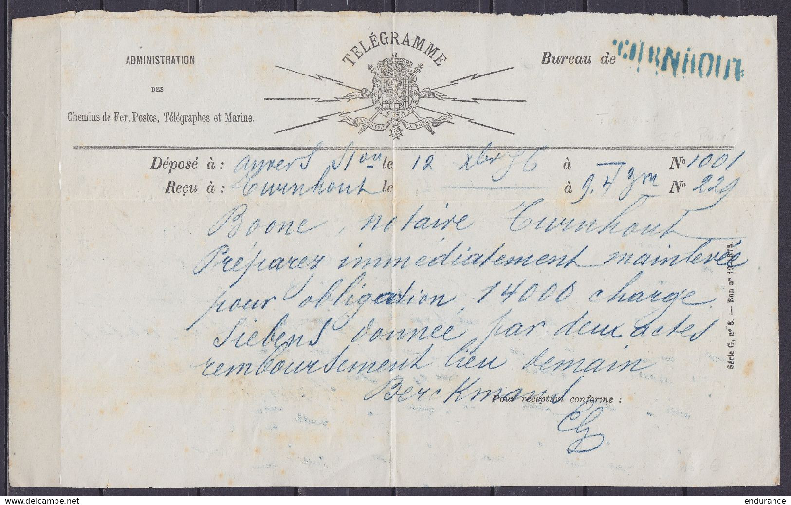 Télégramme Déposée à ANVERS 12 Décembre 1896 Pour Notaire à TURNHOUT - Griffe Bureau Chemin De Fer Privé "TURNHOUT" - Other & Unclassified
