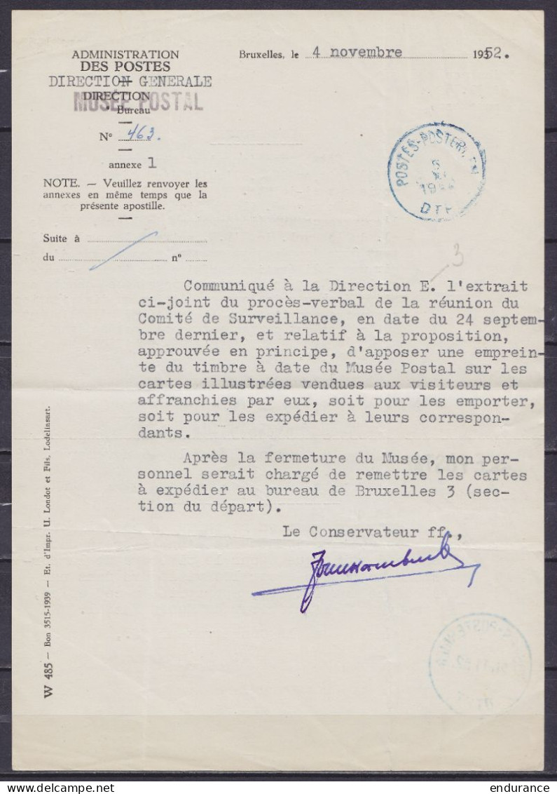 Note Interne Du Musée Postal à BRUXELLES Datée 4 Novembre 1952 Pour Direction E - Càd "POSTES-POSTERIJEN /5 XI 1952/ DTP - Cartas & Documentos
