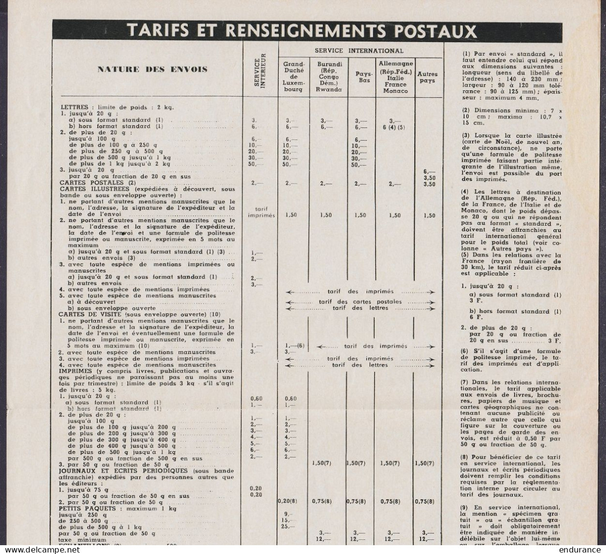Belgique - Calendrier Du Facteur 1967 Avec Tarifs Et Renseignements Postaux (feuillet Format A4) - Tarifs Postaux