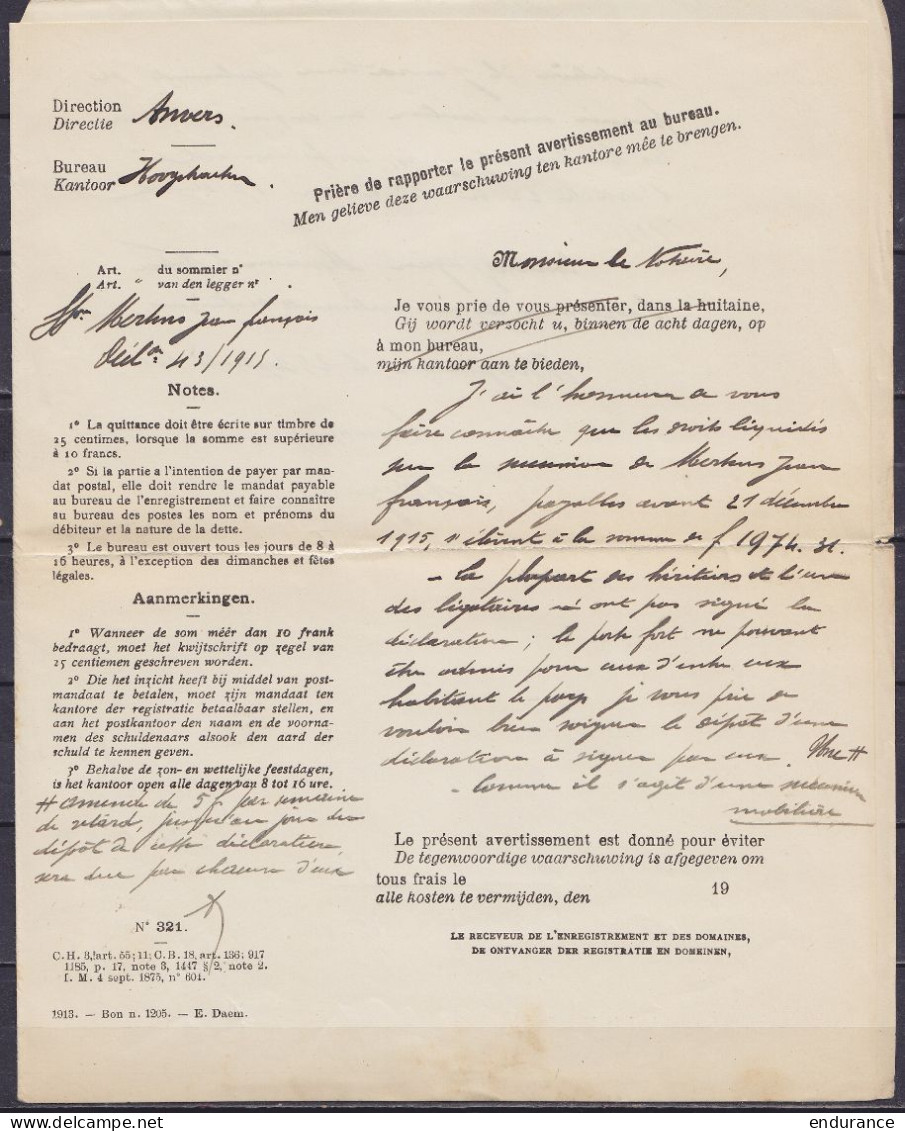 Avertissement Du Ministère Des Finances Càpt HOOGSTRAETEN /30.9.1915 Pour Notaire à TURNHOUT - Griffe "STAATSDIENSTSACHE - Other & Unclassified