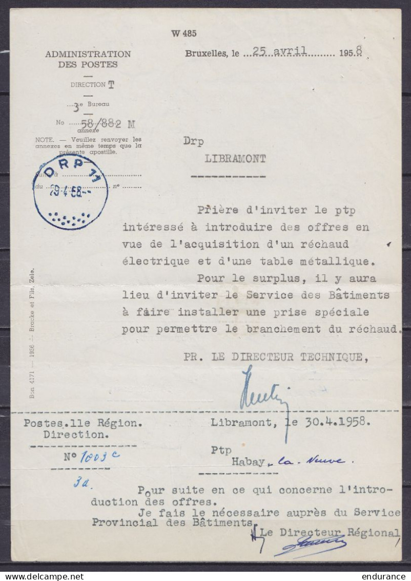 Note Interne De La Direction T Des Postes à BRUXELLES Datée 25 Avril 1958 Pour DRP De LIBRAMONT Transmis à HABAY-LA-NEUV - Lettres & Documents