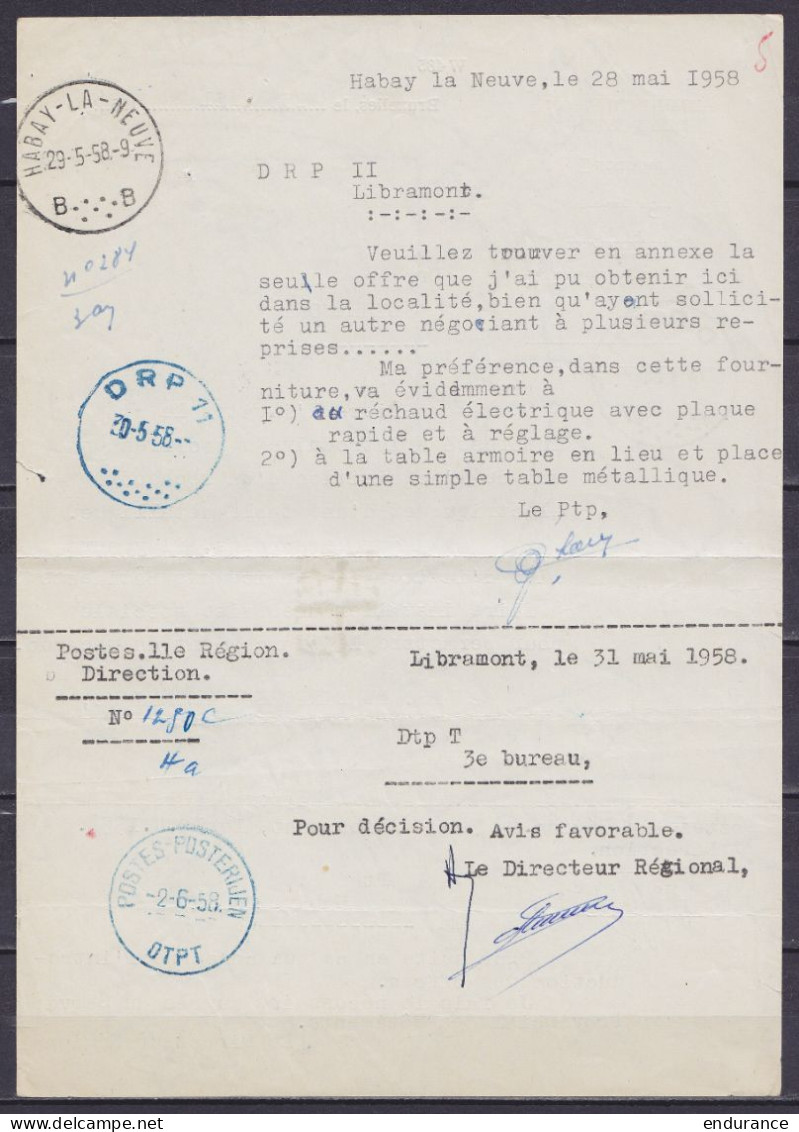 Note Interne De La Direction T Des Postes à BRUXELLES Datée 25 Avril 1958 Pour DRP De LIBRAMONT Transmis à HABAY-LA-NEUV - Storia Postale