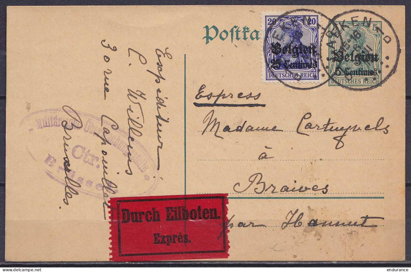 EP CP Postkarte 5c Vert (OC2) + OC4 Càpt LAEKEN 1D /6 VIII 1915 En Exprès Pour BRAIVES Par Hannut - Cachet Oval Censure  - Occupazione Tedesca