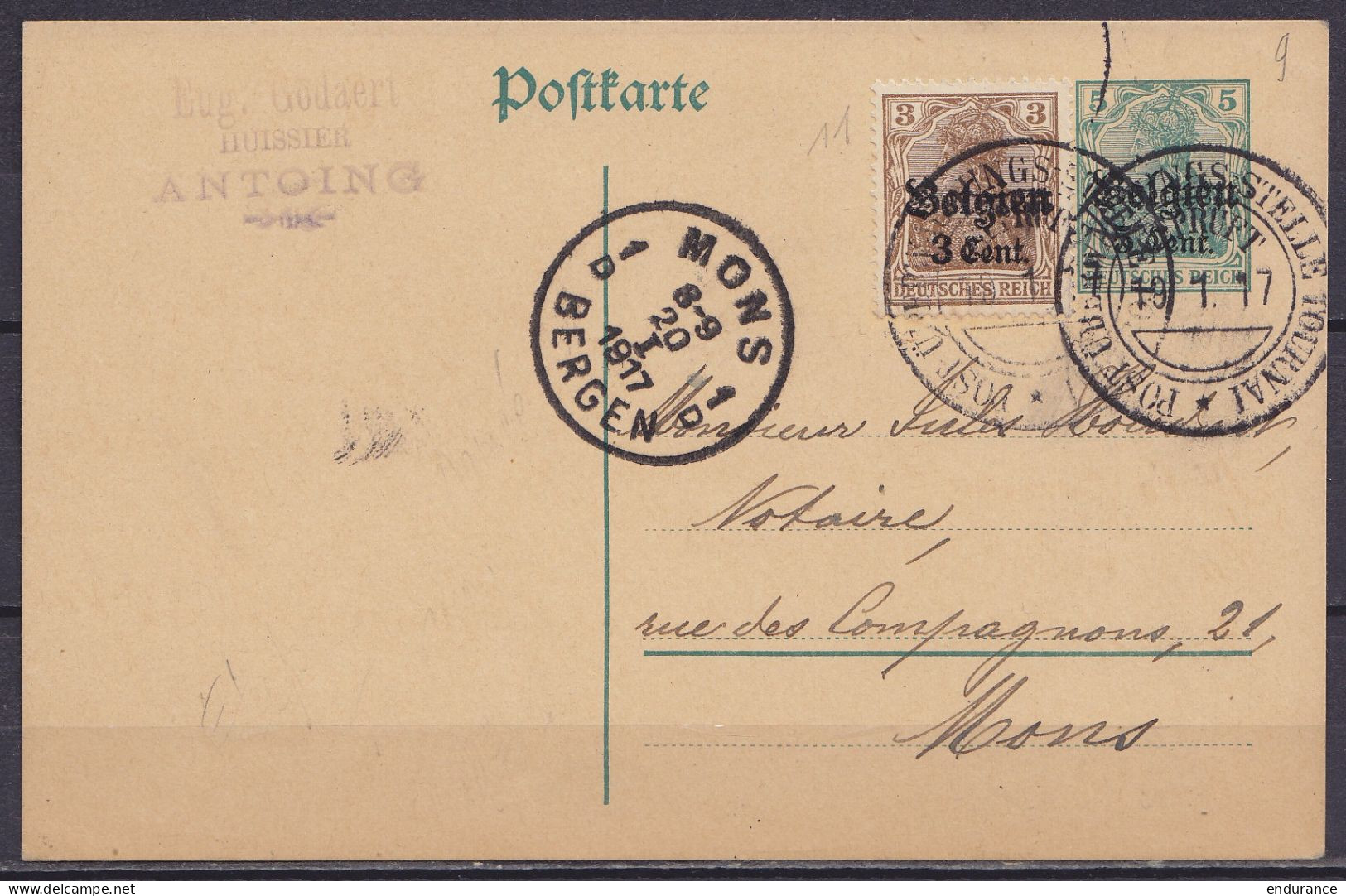 EP CP Postkarte 5c Vert (OC12) + OC11 De Antoing Càpt "POSTUBERWASSHUNGSSTELLE TOURNAI /19.1.1917" Pour MONS - Duitse Bezetting