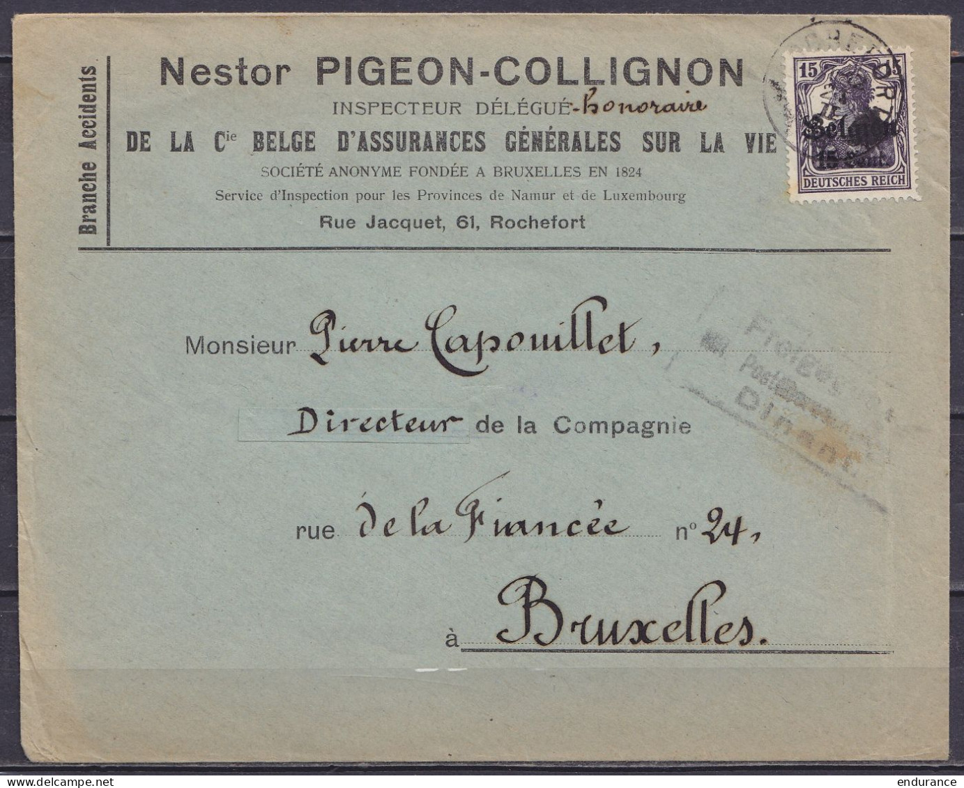 L. " Cie Belge D'assurances N. Pigeon-Collignon" Affr. OC16 Càd ROCHEFORT /21 II 191? Pour BRUXELLES - Cachet Censure [F - OC1/25 Governo Generale