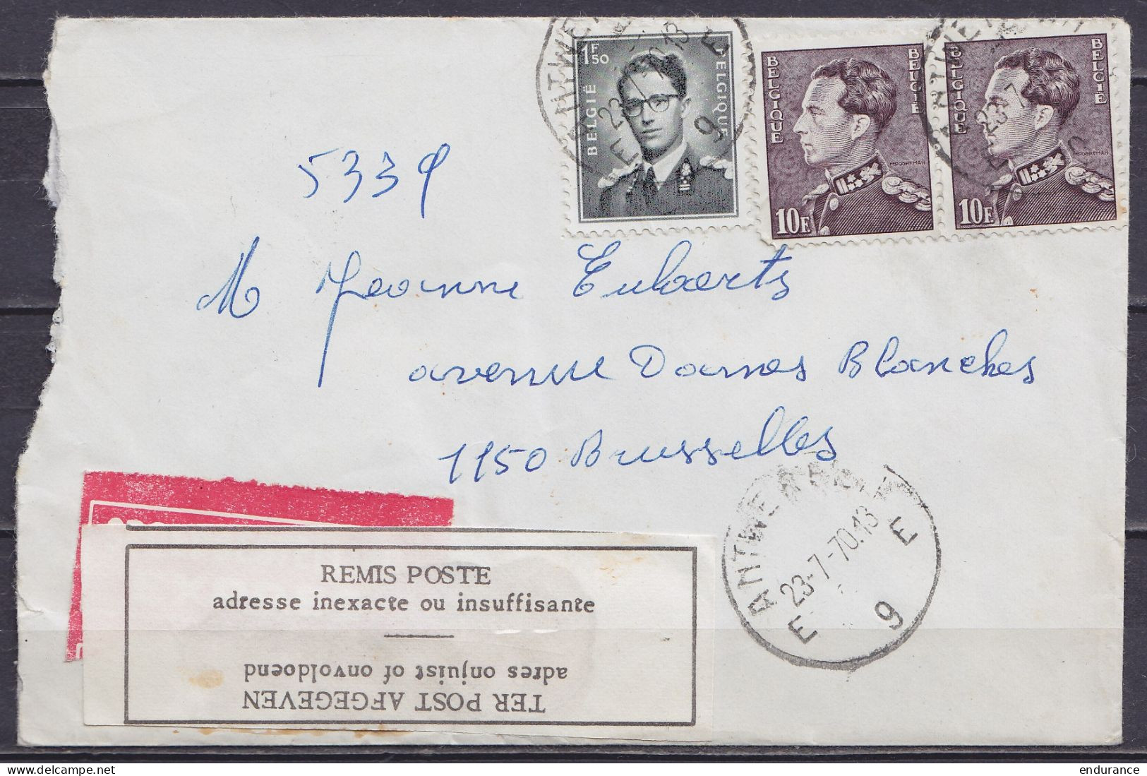 L. Exprès Affr. Paire N°848A+924 Càd ANTWERPEN 9E /23-7-1970 Pour BRUXELLES - Non-délivré - étiqu.bil. "REMIS POSTE / Ad - 1936-1951 Poortman