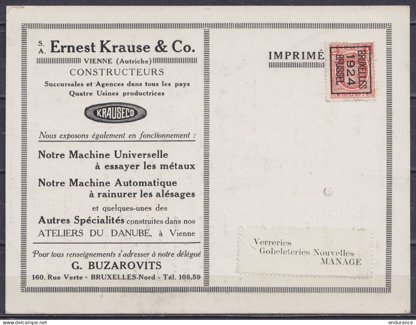Imprimé Publicitaire "Machines-outils Ernest Krause & Co" Affr. PREO Houyoux 5c Surch. [BRUXELLES /1924/ BRUSSEL] Pour M - Roulettes 1920-29