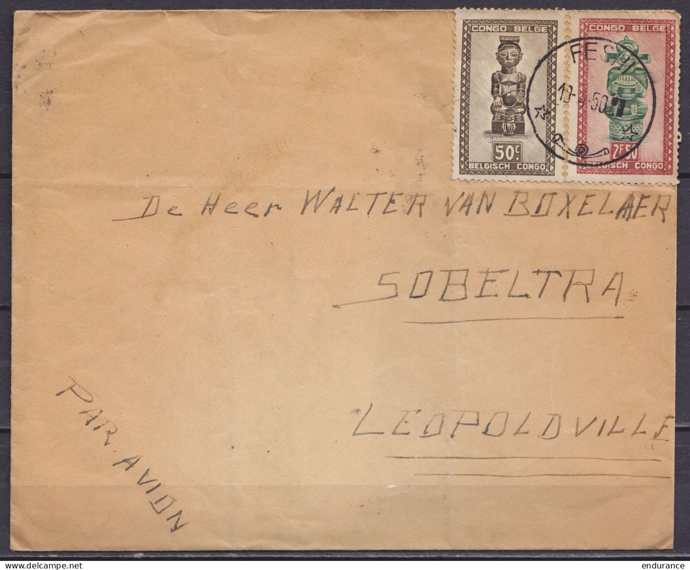 Congo Belge - LAC Par Avion Affr. N°159+165 Càd FESHI /19-4-1950 Pour Sobeltra à LEOPOLDVILLE (au Dos: Càd KIWIT & Arriv - Briefe U. Dokumente