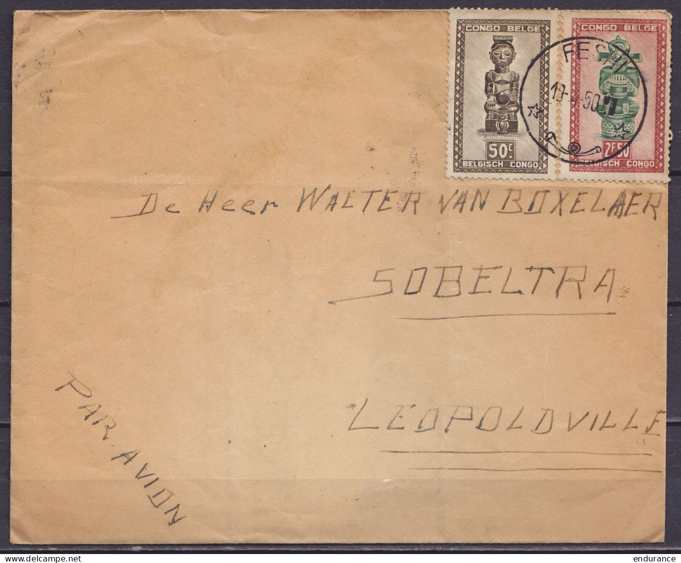 Congo Belge - LAC Par Avion Affr. N°159+165 Càd FESHI /19-4-1950 Pour Sobeltra à LEOPOLDVILLE (au Dos: Càd KIWIT & Arriv - Cartas & Documentos
