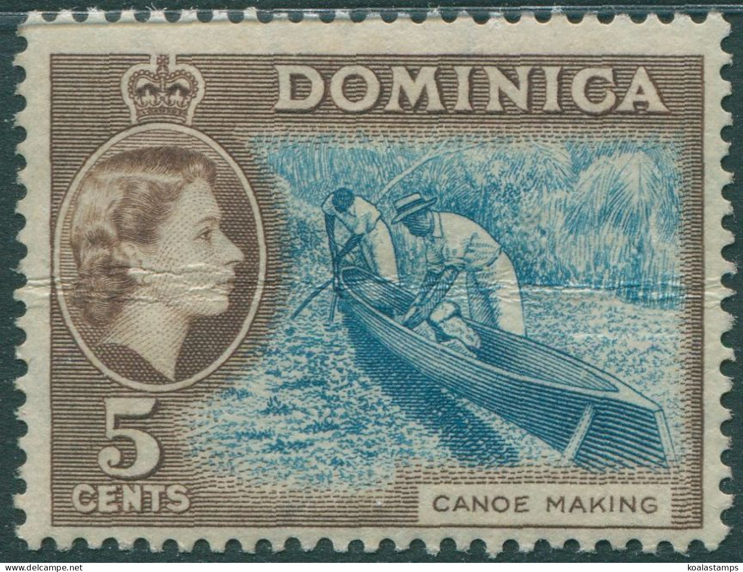 Dominica 1954 SG147 5c Canoe Making Natural Paper Crease MH - Dominica (1978-...)