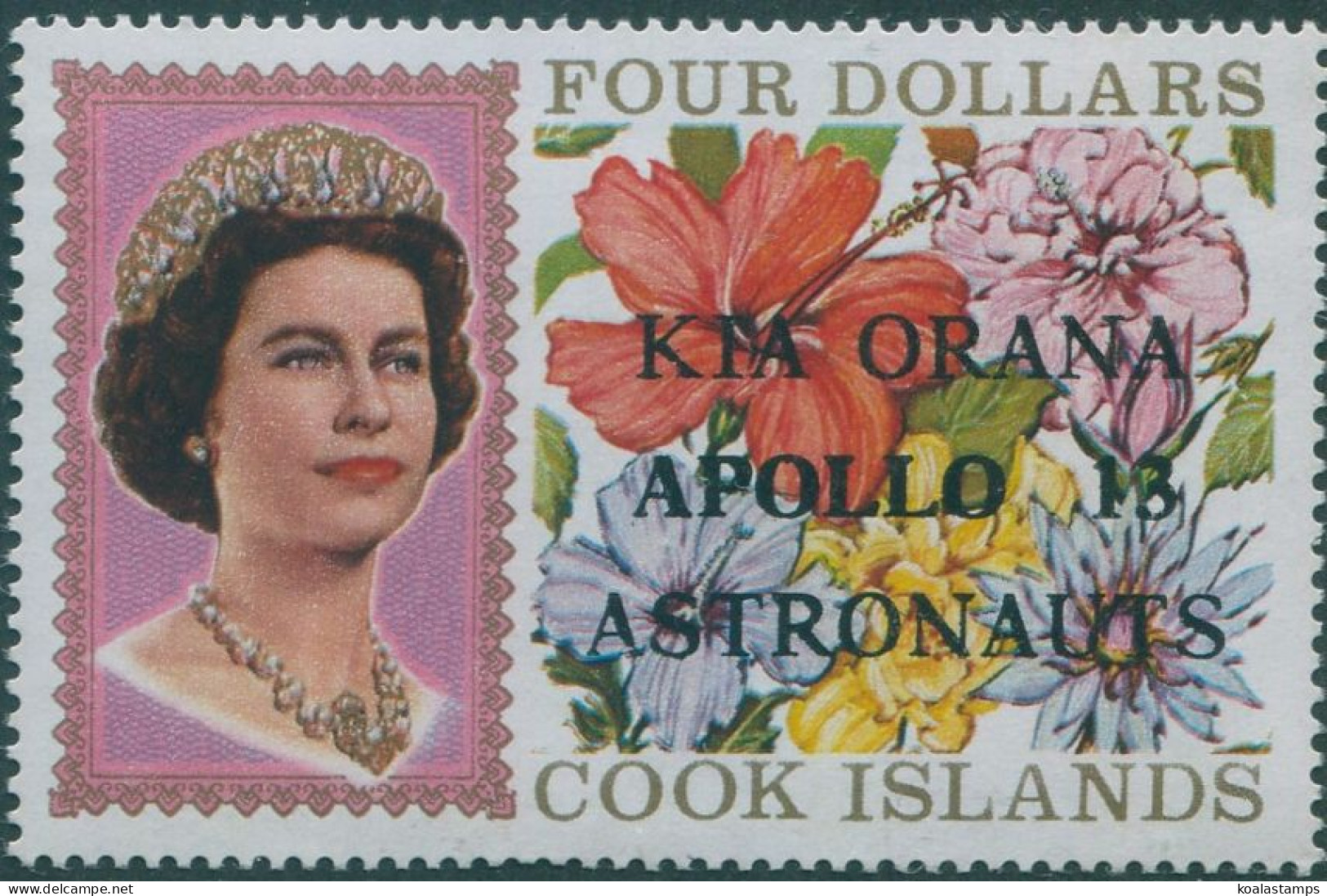 Cook Islands 1970 SG327 $4 QEII Flowers KIA ORANA APOLLO 13 ASTRONAUTS Ovpt MLH - Cook
