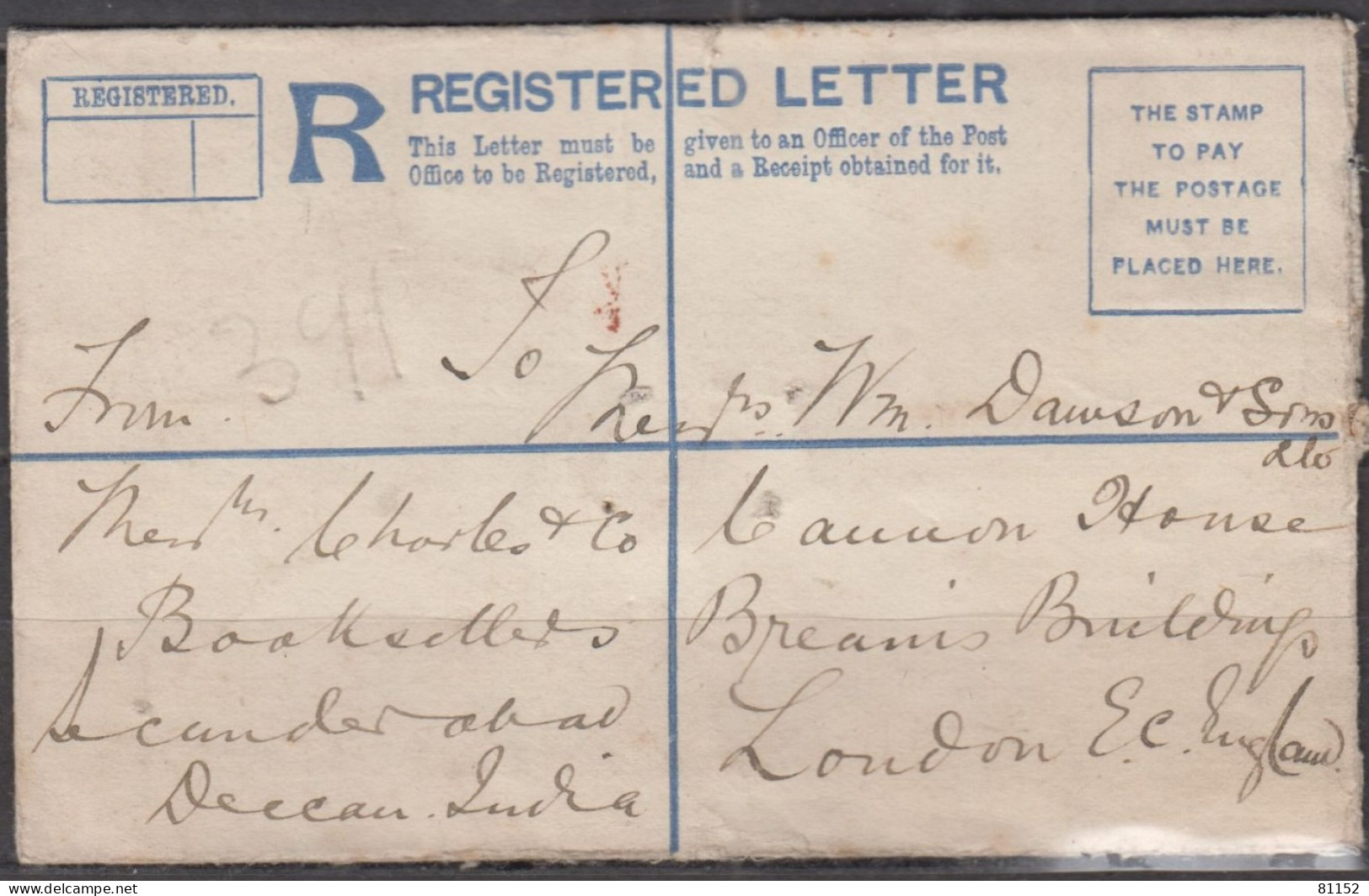 INDE Lettre ENTIER  Recommandée De Hyderabad Deccan Railway Station  Le 14 Déc 1911  Pour LONDON Avec CACHET à La CIRE - 1902-11  Edward VII