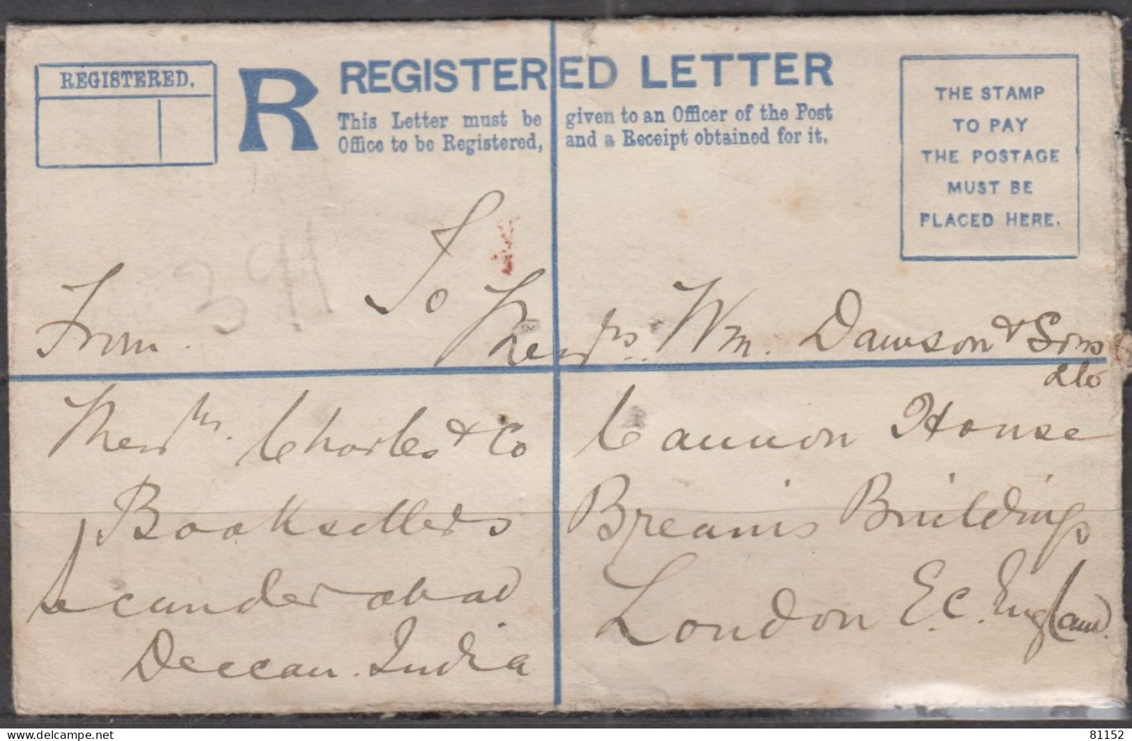 INDE Lettre ENTIER  Recommandée De Hyderabad Deccan Railway Station  Le 14 Déc 1911  Pour LONDON Avec CACHET à La CIRE - 1902-11 Koning Edward VII