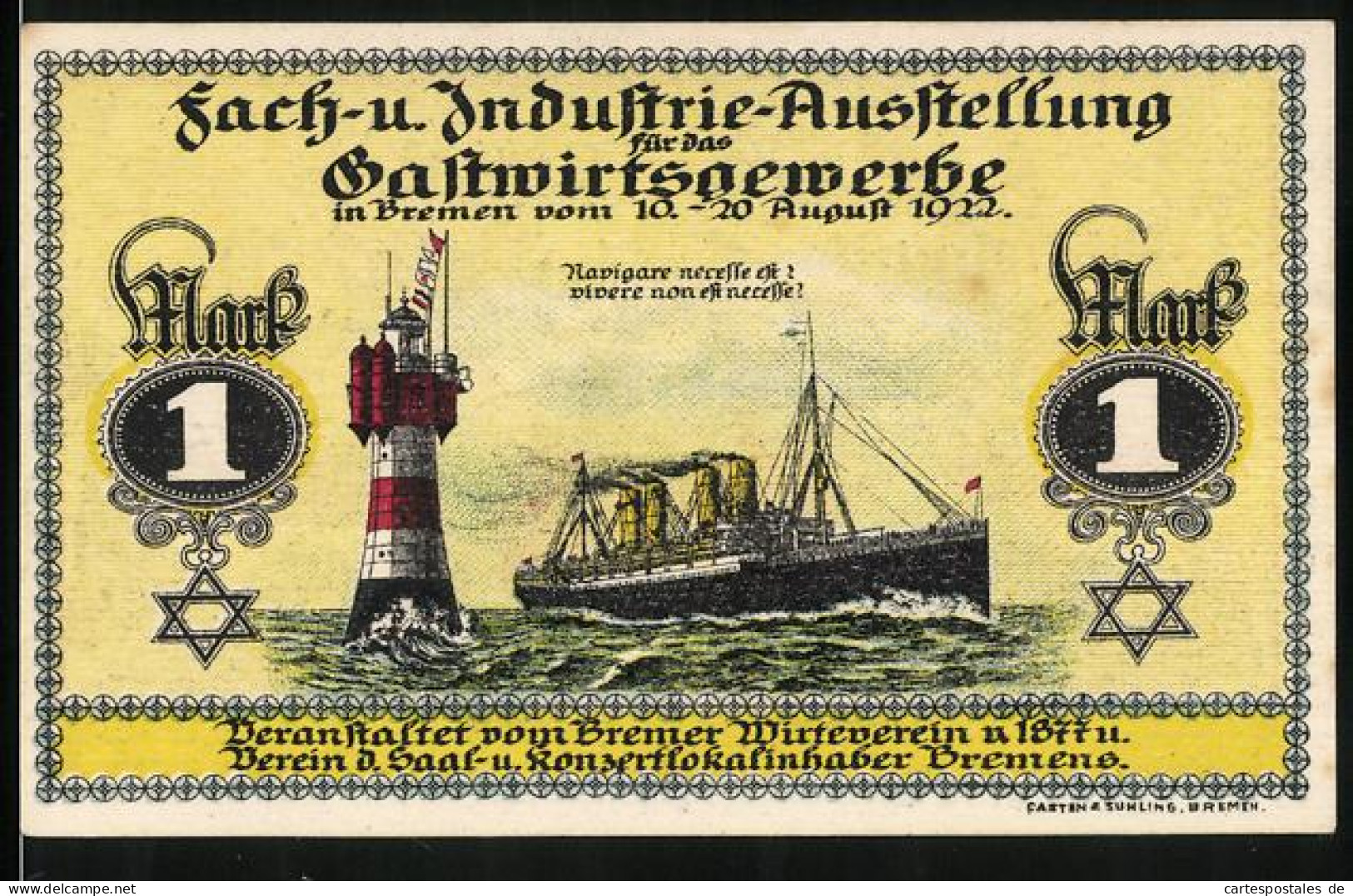 Notgeld Bremen 1922, 1 Mark, Fach- U. Industrie-Ausstellung F. D. Gastwirtsgewerbe, Leuchtturm U. Dampfer, Gutschein  - [11] Local Banknote Issues