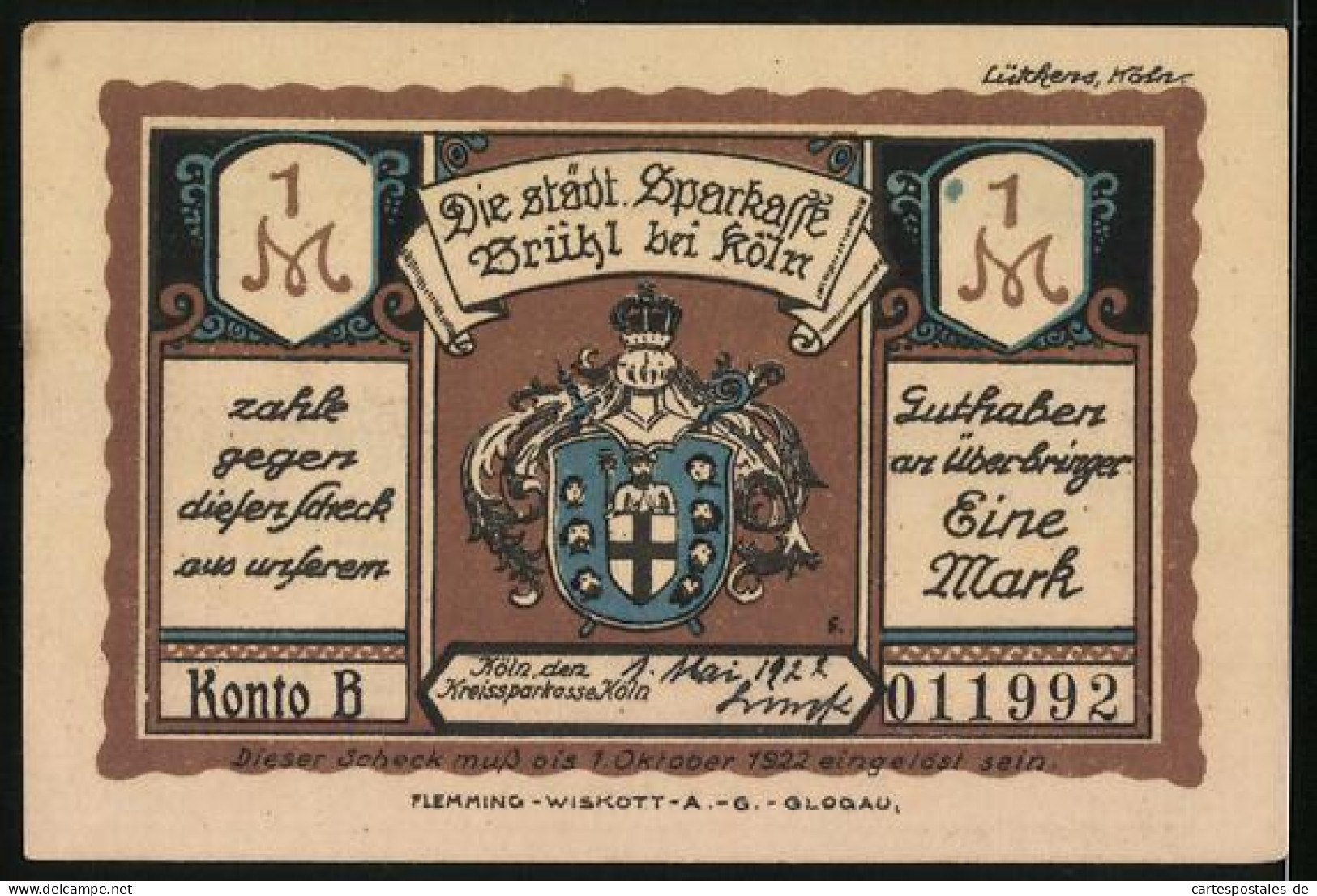 Notgeld Brühl B. Köln, 1 Mark, Stadtpanorama Im Jahre 1575, Wappen  - [11] Local Banknote Issues