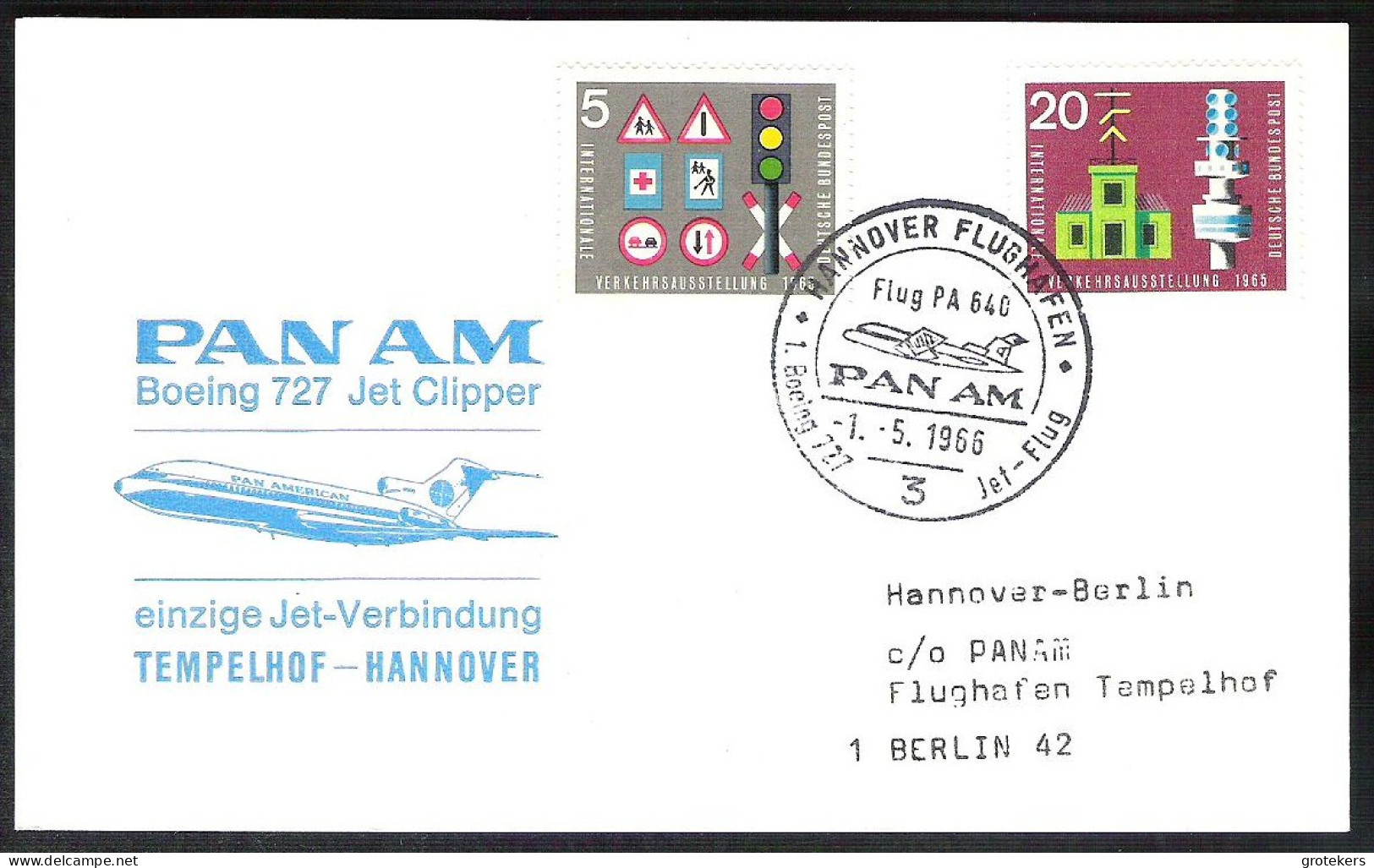 DEUTSCHLAND 1966 Einzige Jet-Verbindung Hannover-Berlin Tempelhof PANAM Flug PA 640 - Covers & Documents