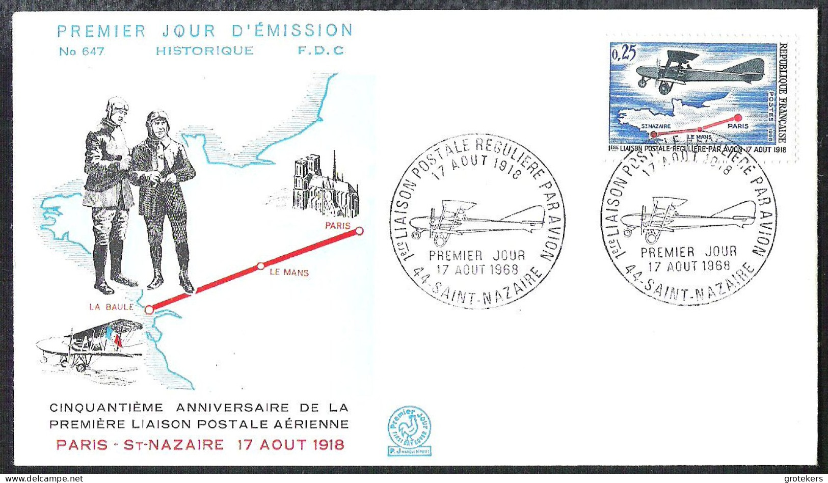 FRANCE 1968 FDC 1ere Liason Postale Reguliere Par Avion Saint-Nazaire Yvert 1565 - 1960-1969