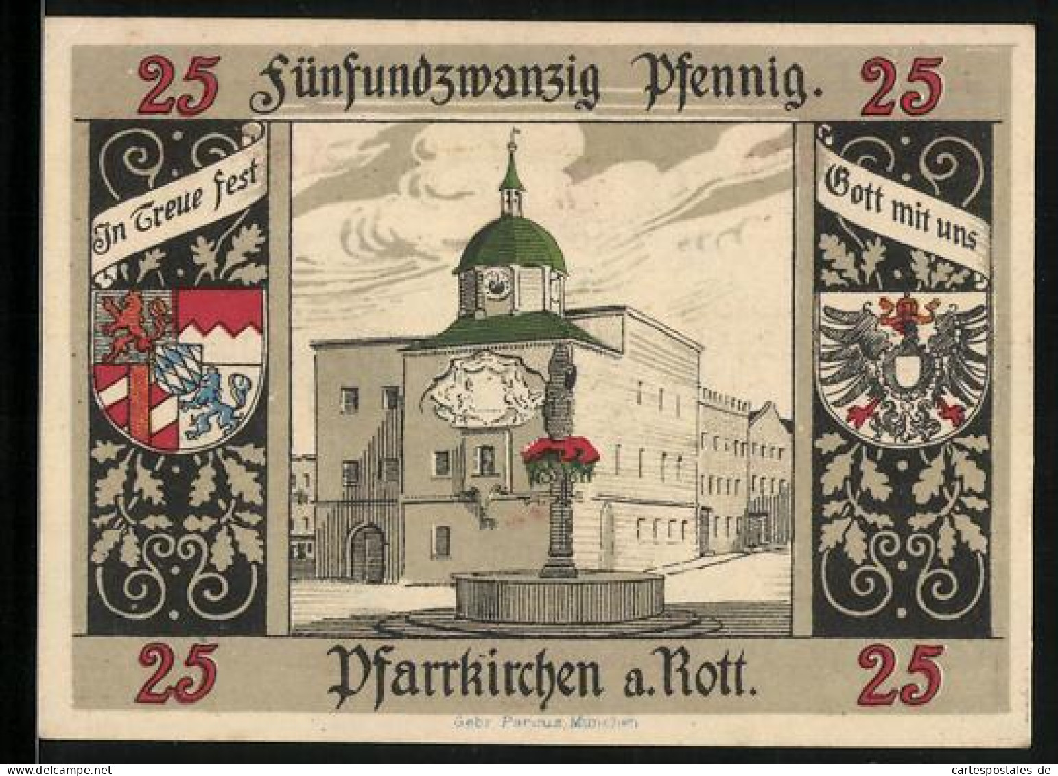 Notgeld Pfarrkirchen A. Rott, 25 Pfennig, Wappen, Rathaus  - Lokale Ausgaben