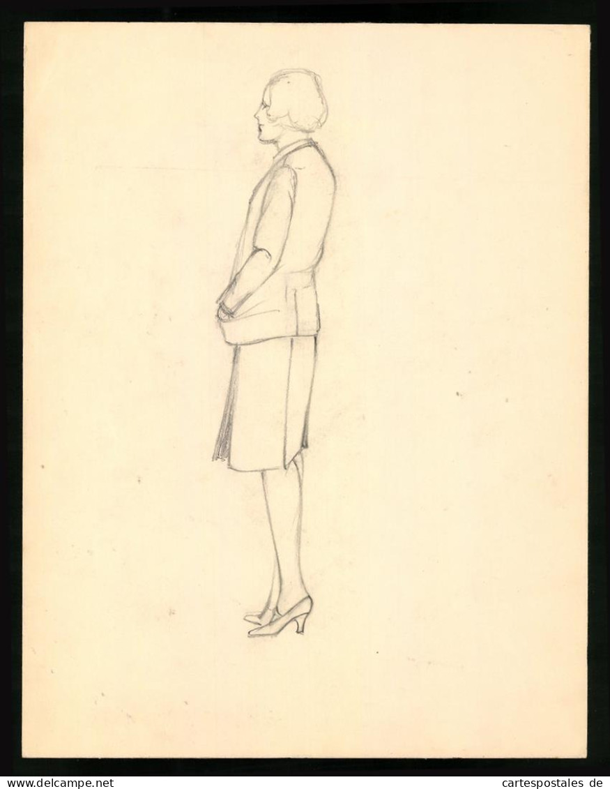Handzeichnung Mode, Bleistiftzeichnung, Junge Frau Im Rock Mit Sakko Und Absatzschuhen, Rückseite Sitzende Dame Im Kl  - Disegni