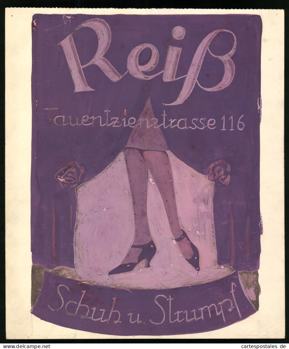 Tuschemalerei Schuh Und Strumpfwaren Reiss, Tauentzienstrasse 116, Sexy Frauenbeine Mit Hochhackigen Schuhen, 21 X 25cm  - Dessins