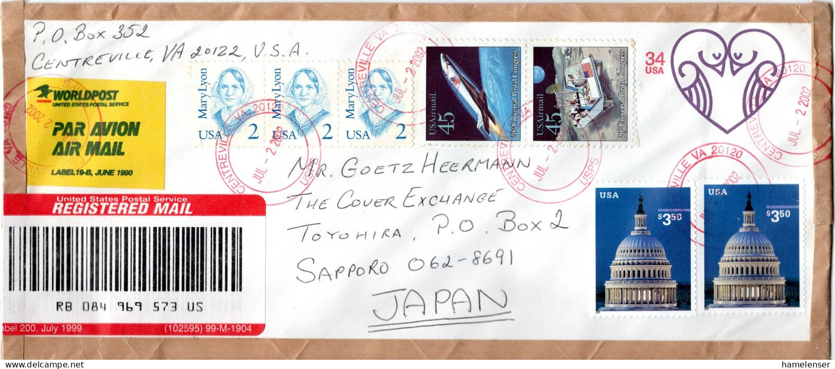 L77207 - USA - 2002 - 34¢ Love GAU M ZusFrankatur Per R-Lp CENTERVILLE, VA -> Japan - Storia Postale