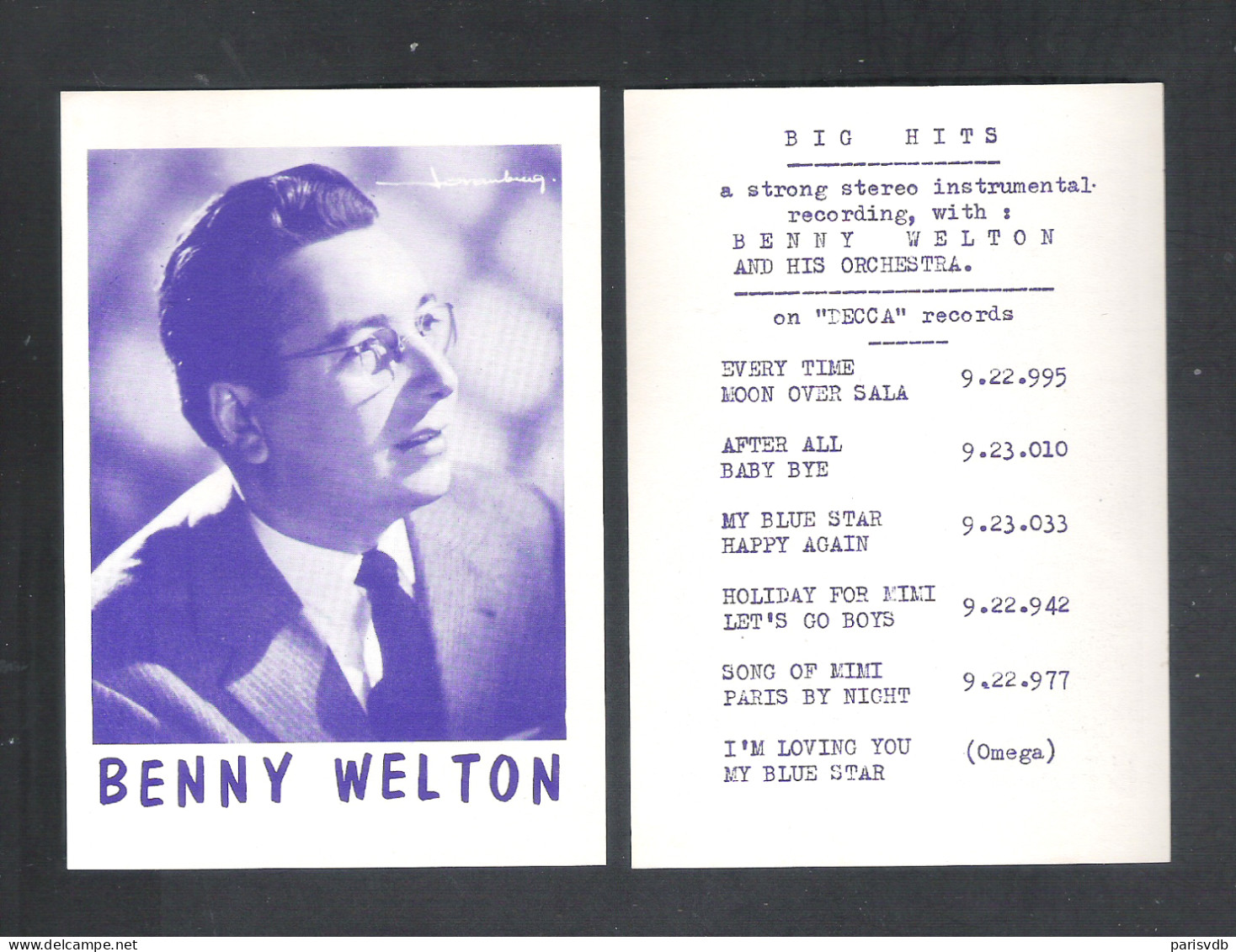 BENNY WELTON - DECCA RECORDS  - FOTOKAART (10.400) - Chanteurs & Musiciens