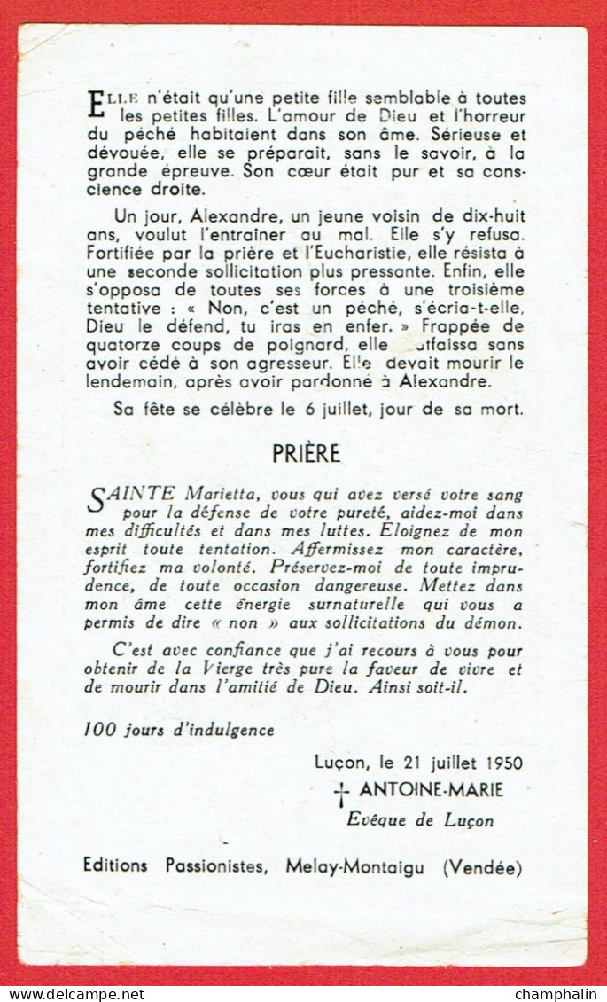 Image Pieuse - Sainte-Marietta - Martyre De La Pureté 1890-1902 - Religion & Esotérisme