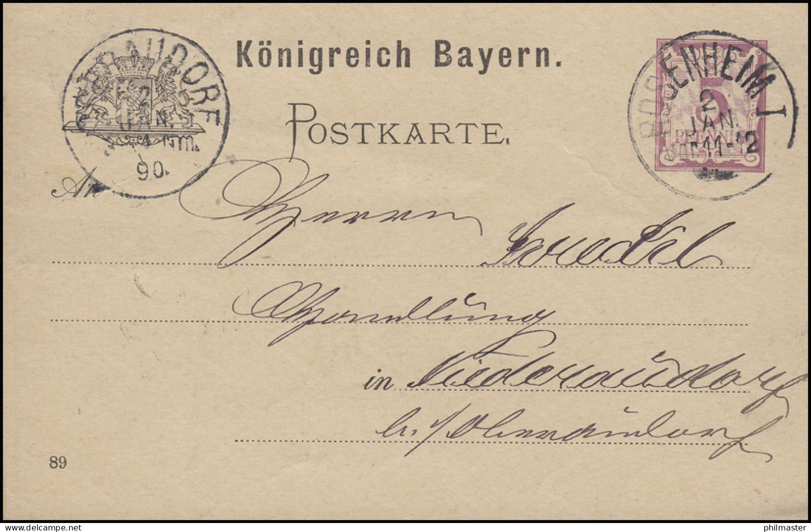 Bayern Postkarte Ziffer 5 Pf Lila DV 89: ROSENHEIM  - 2.1.1890 Nach Niederaudorf - Entiers Postaux