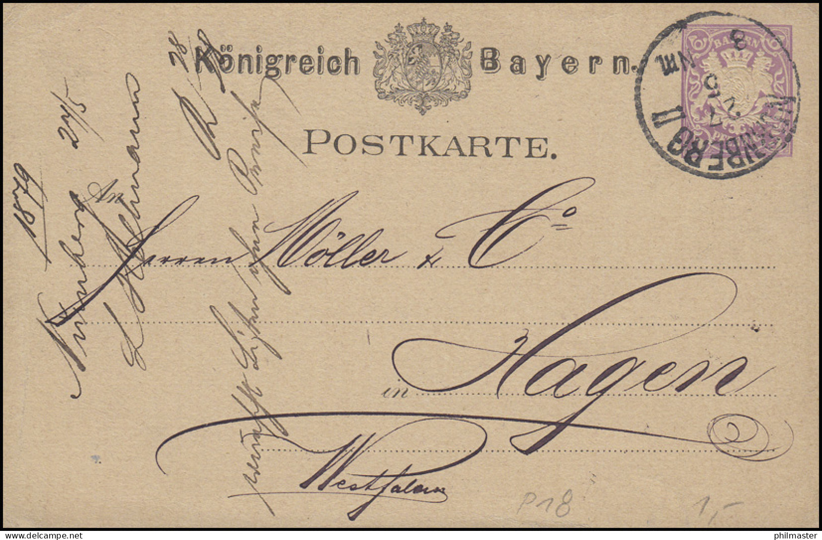 Bayern P 18 Wappen 5 Pf Lila, NÜRNBERG - 27.5.1879 Nach Hagen/Westfalen - Entiers Postaux