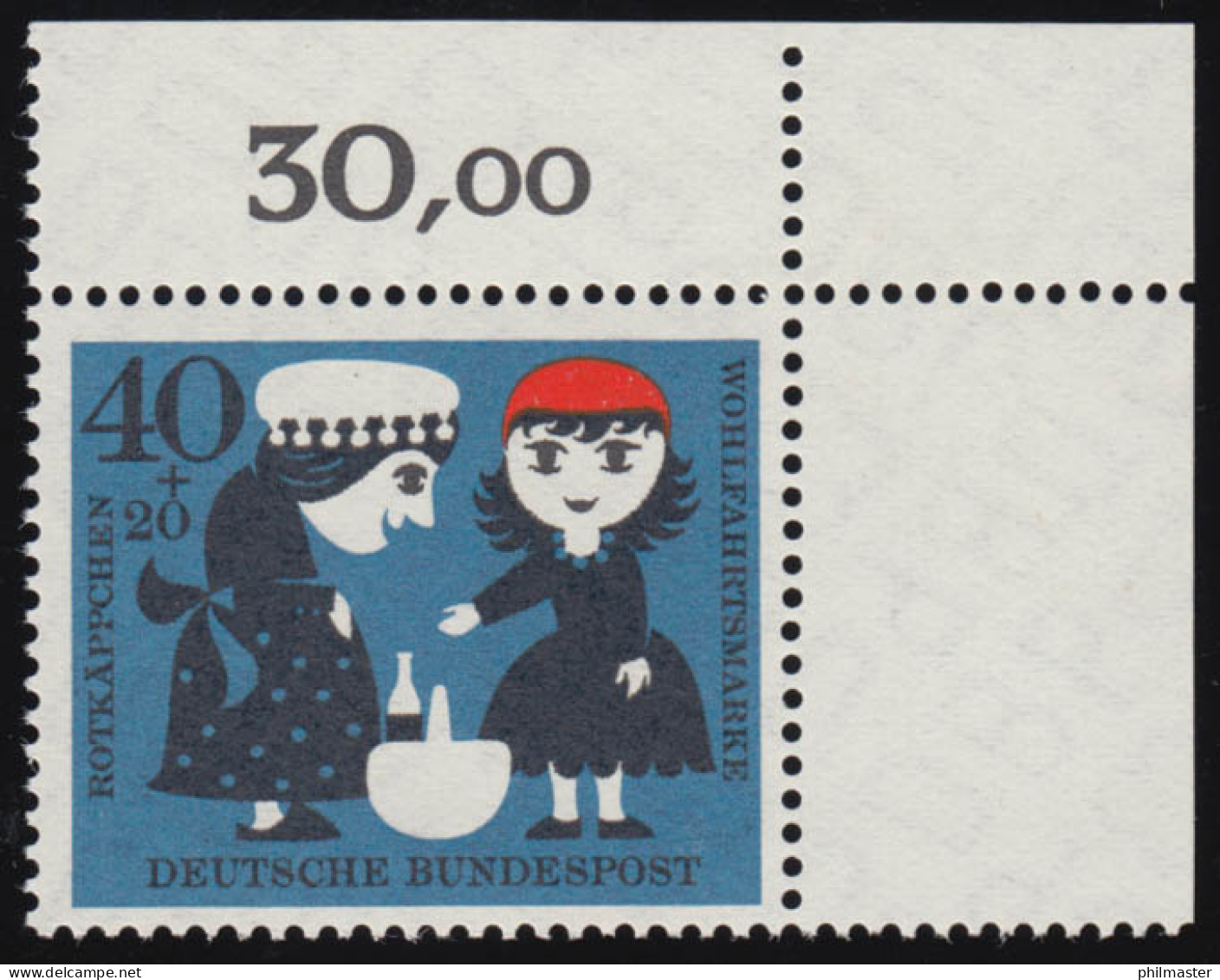 343 Wohlfahrt Grimm 40+20 Pf Rotkäppchen ** Ecke O.r. Zähnung Dg-7 - Unused Stamps