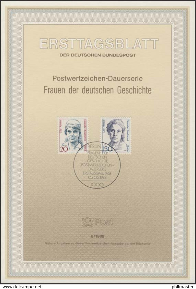 ETB 08/1988 Frauen, Cilly Aussem, Lise Meitner - 1e Jour – FDC (feuillets)