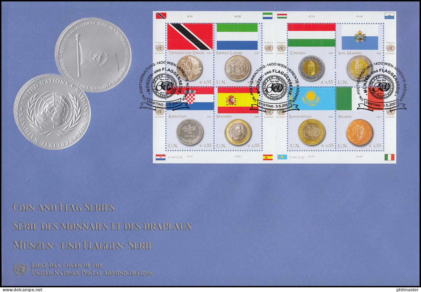 UNO Wien 489-496 Flaggen Und Münzen: Kleinbogen Auf Schmuck-FDC WIEN 2007 - Coins