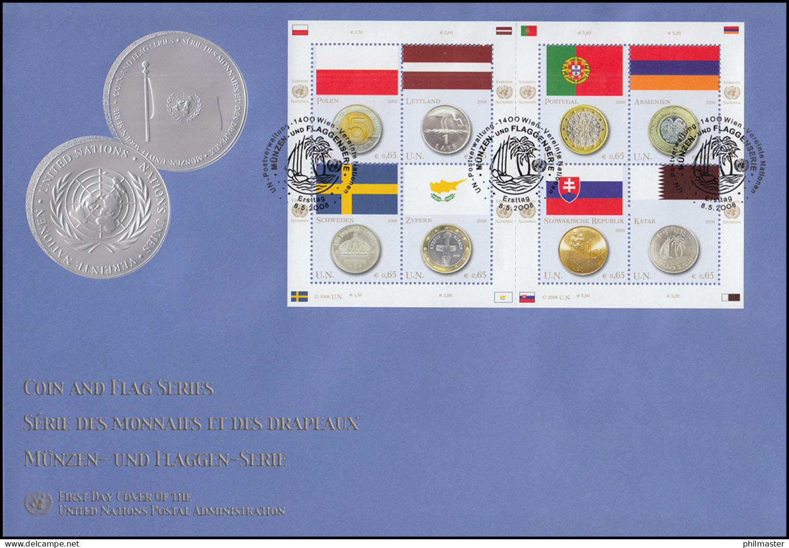 UNO Wien 530-537 Flaggen Und Münzen: Kleinbogen Auf Schmuck-FDC WIEN 2008 - Monnaies