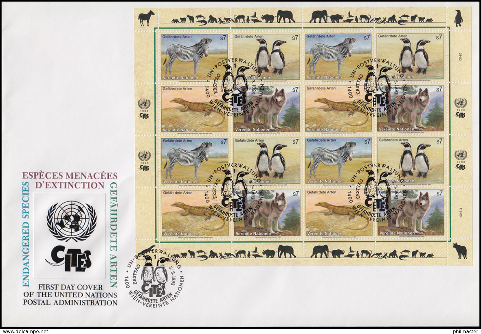 UNO Wien 143-146 Gefährdete Tiere: Fauna, Kleinbogen Auf Schmuck-FDC WIEN 1993 - Autres & Non Classés