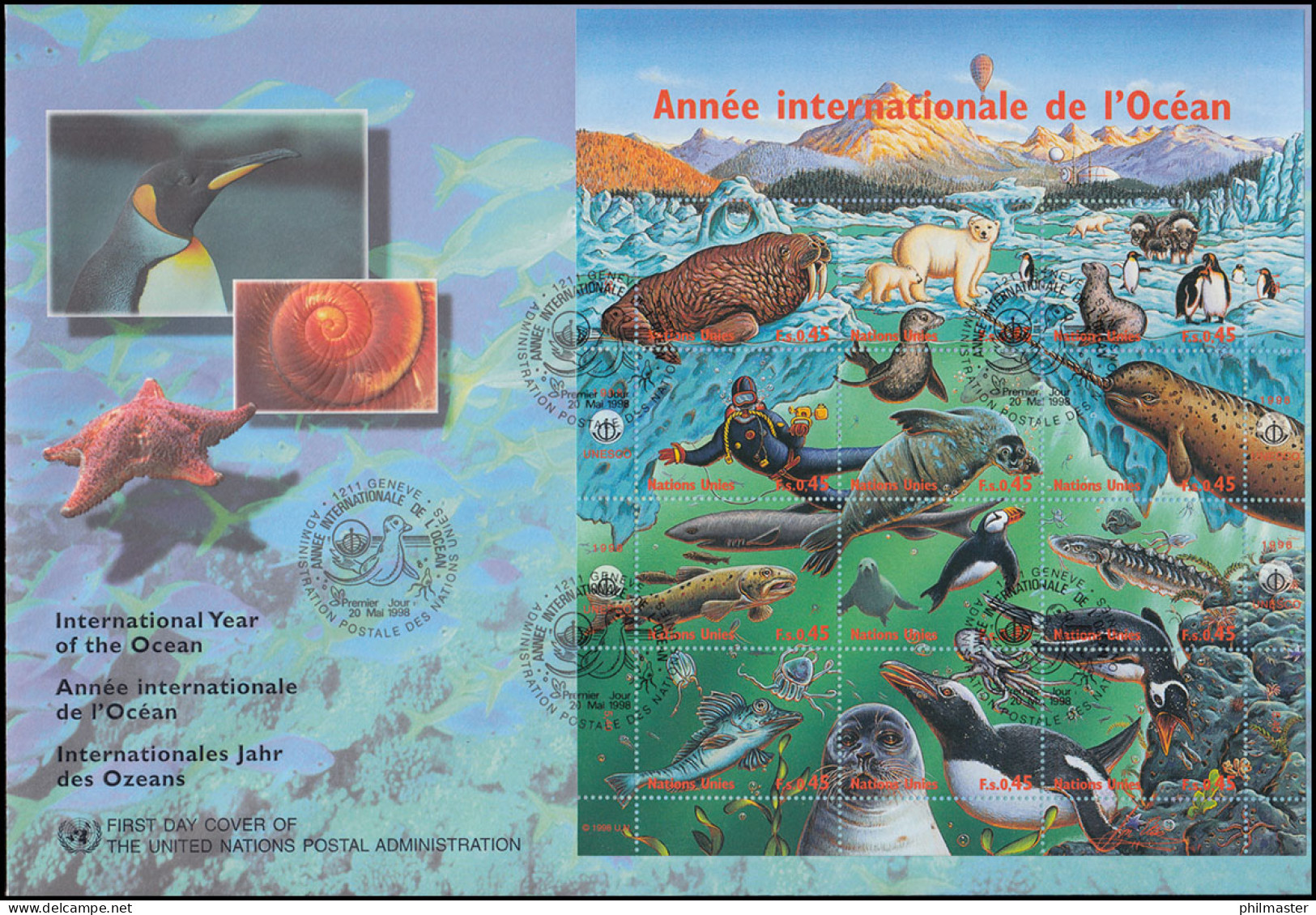 UNO Genf 334-345 Jahr Des Ozeans 1998: Zusammendruck-Bogen Auf Schmuck-FDC Genf - Andere & Zonder Classificatie