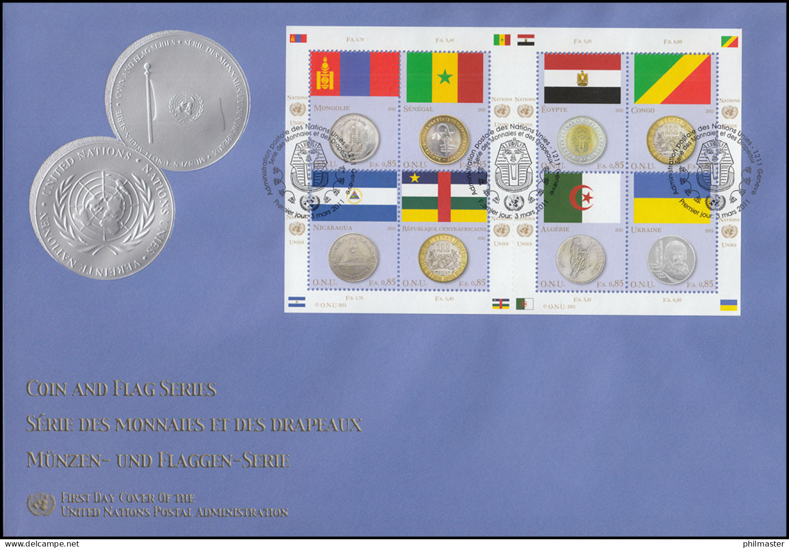 UNO Genf 743-750 Flaggen Und Münzen 2011: Kleinbogen Auf Schmuck-FDC ESSt Genf  - Monnaies