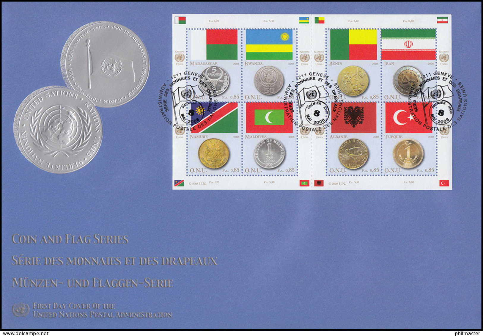 UNO Genf 592-599 Flaggen Und Münzen 2008: Kleinbogen Auf Schmuck-FDC ESSt Genf  - Monete