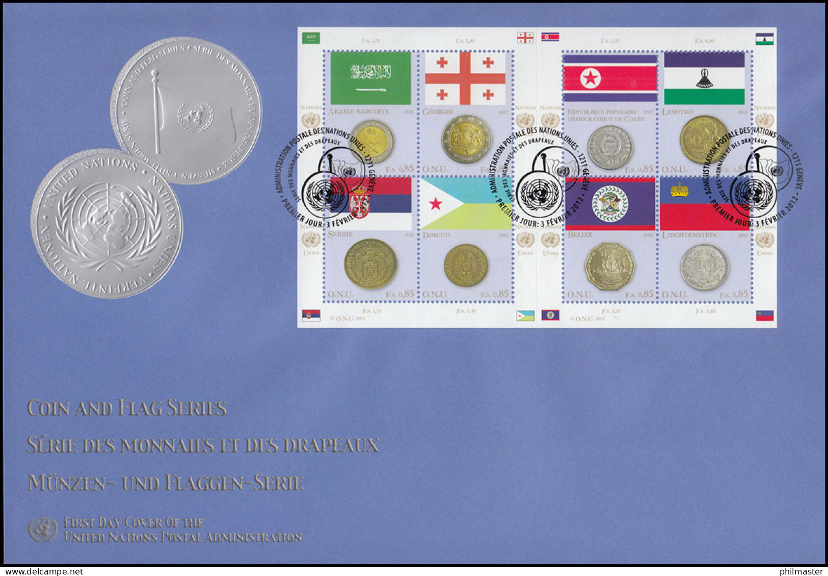 UNO Genf 780-787 Flaggen Und Münzen 2012: Kleinbogen Auf Schmuck-FDC ESSt Genf  - Monedas