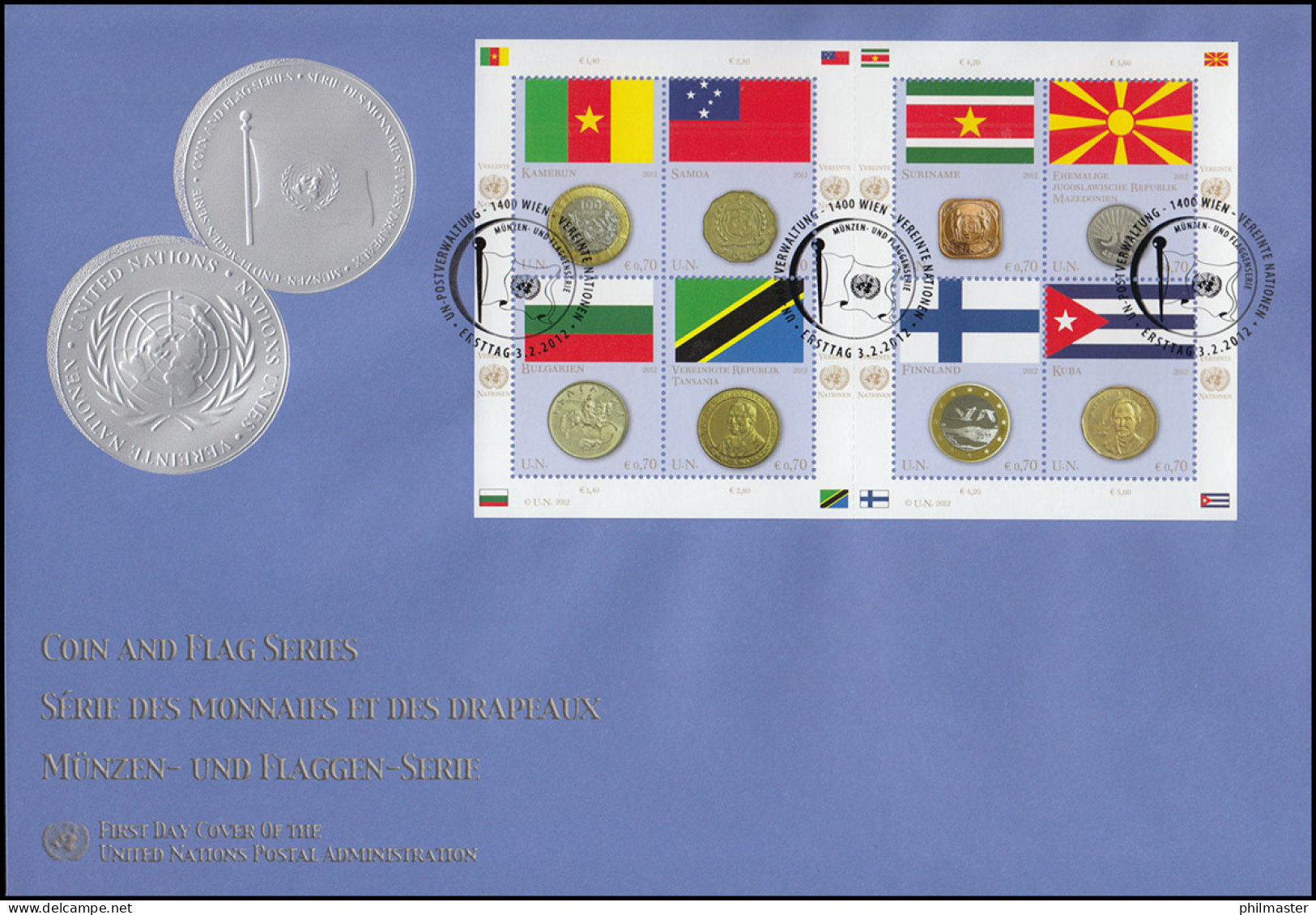 UNO Wien 738-745 Flaggen Und Münzen: Kleinbogen Auf Schmuck-FDC WIEN 2012 - Coins