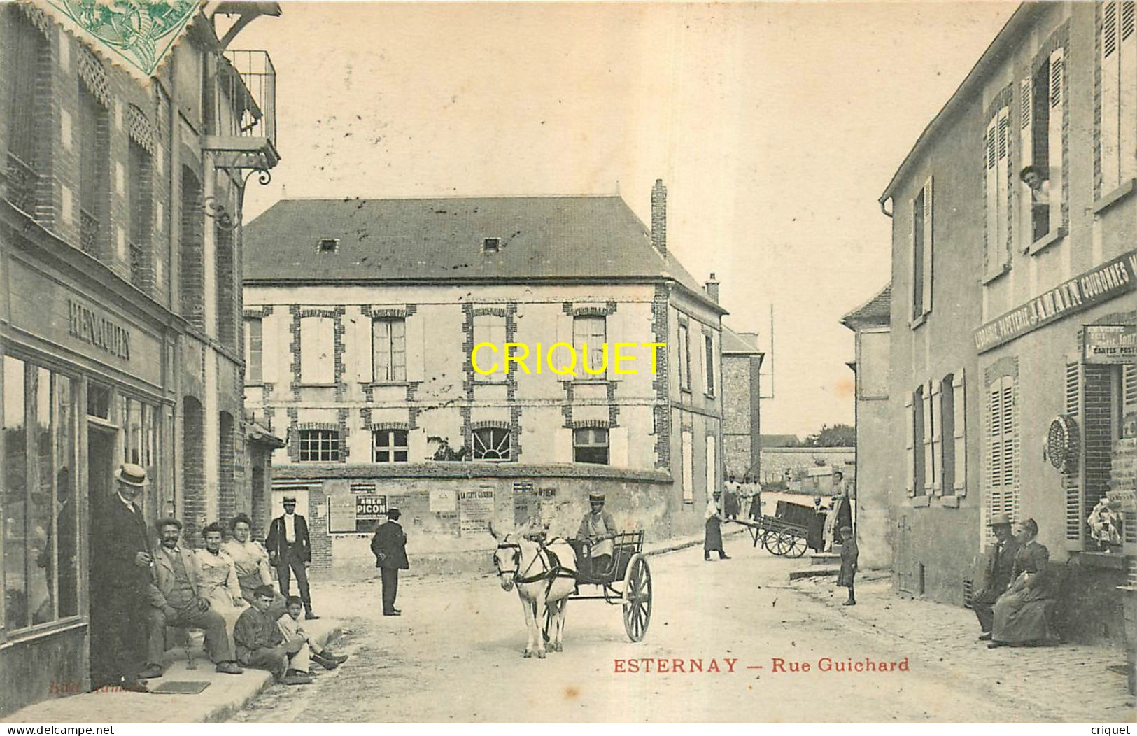 51 Esternay, Rue Guichard, Charrette Au 1er Plan, Habitants Devant Les Commerces ... - Esternay