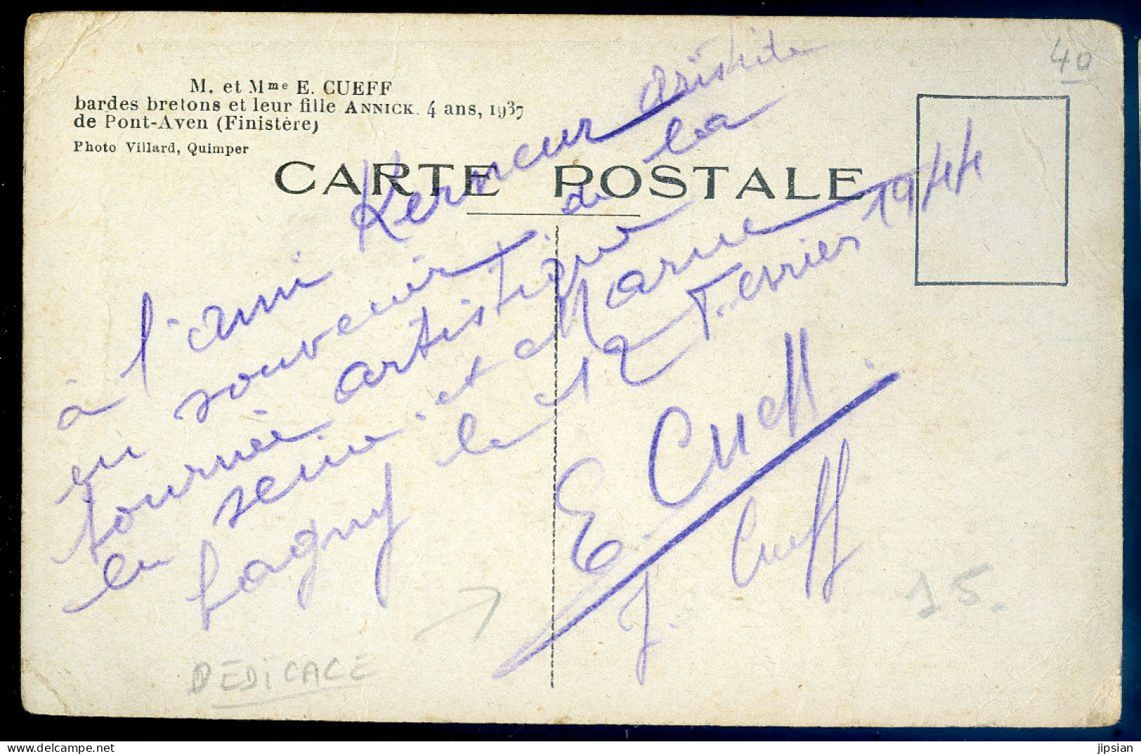 Cpa Bretagne Mr Et Mme E. Cueff Avec Autographe Et Envoi STEP138bis - Bretagne