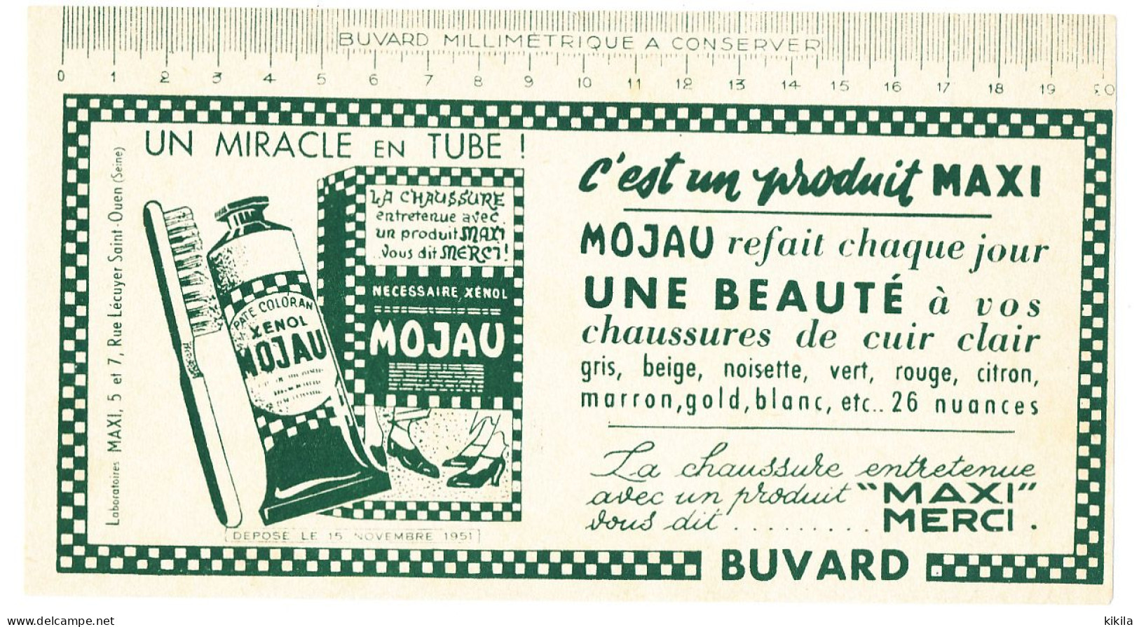 Buvard  20.9 X 11.3 Pâte Colorante Xenol MOJAU Pour Chaussures De Cuir  Produit MAXI Saint Ouen  Déposé Le 15-11-1951 - Schoenen